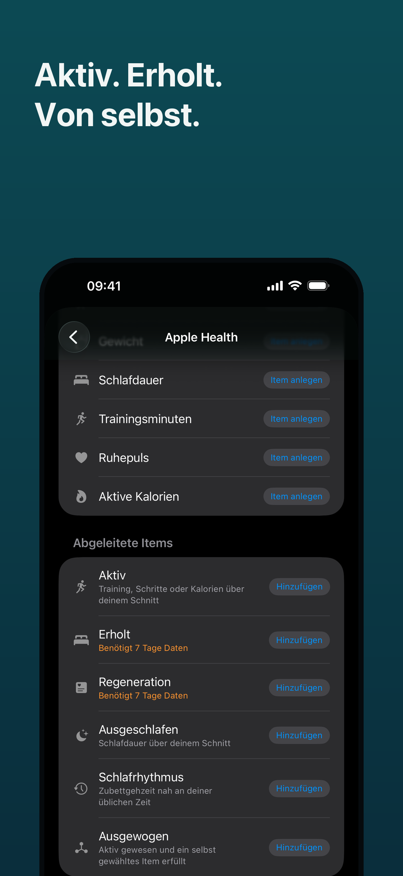 Kategorie Gesundheit mit abgeleiteten Zuständen: Aktiv, Erholt, Regeneration